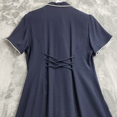 Vintage K Petite Dress Women 12P Blue White Piping Trim Maxi Button Front Modest