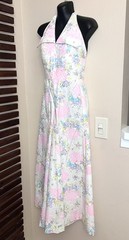 1970s 70s Vintage White Pink Purple Blue Flower Halter Dagger Collar Jumpsuit