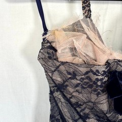 Vintage 1950s Navy Pink Floral Net Lace Tulle Halter Party Dress Velvet Bows