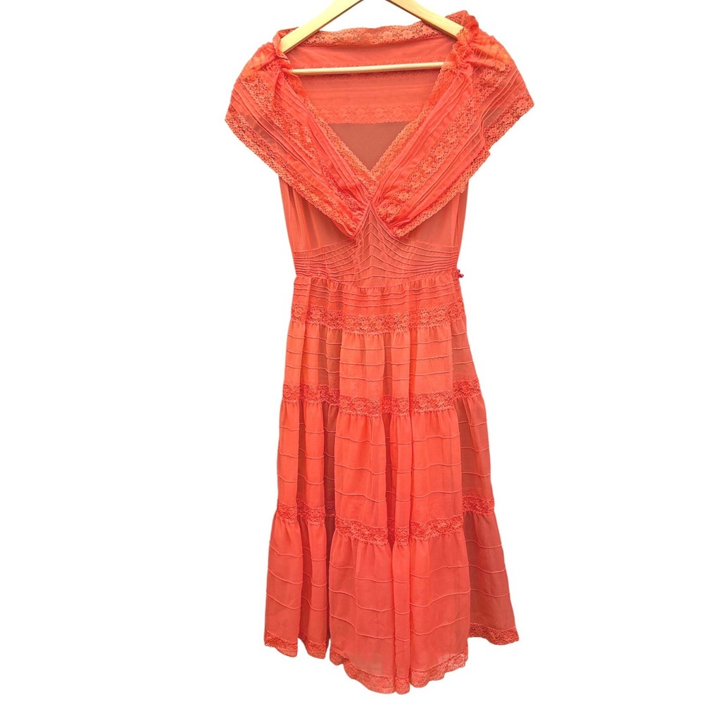 1950s Vanity Fair Nightgown Coral Lace Portrait Collar Mid-Century Glamour 34