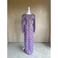 Vintage 80s Lavender Dyed Lace Wedding Gown Beaded Fringe Bustle Prom Dress