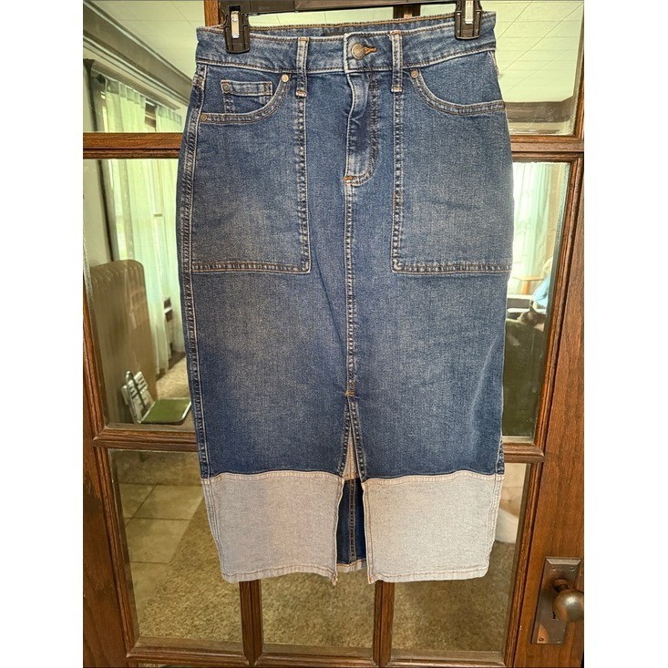 Simply Vera Vera Wang Blue Denim Colorblock Midi Skirt Front Slit XS