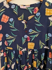 90s Crinkle Rayon Midi Dress Blue Floral Boho M Short Sleeve Flowy Cottage Retro