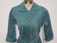 Vintage 1940s 1950s Teal Green Stripe Design Dress Bob Low (B-34″ W-27″)