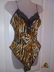 Vintage 80s Lucie Ann Tiger Gold Lurex Snap Crotch Sheer Teddy Lingerie S