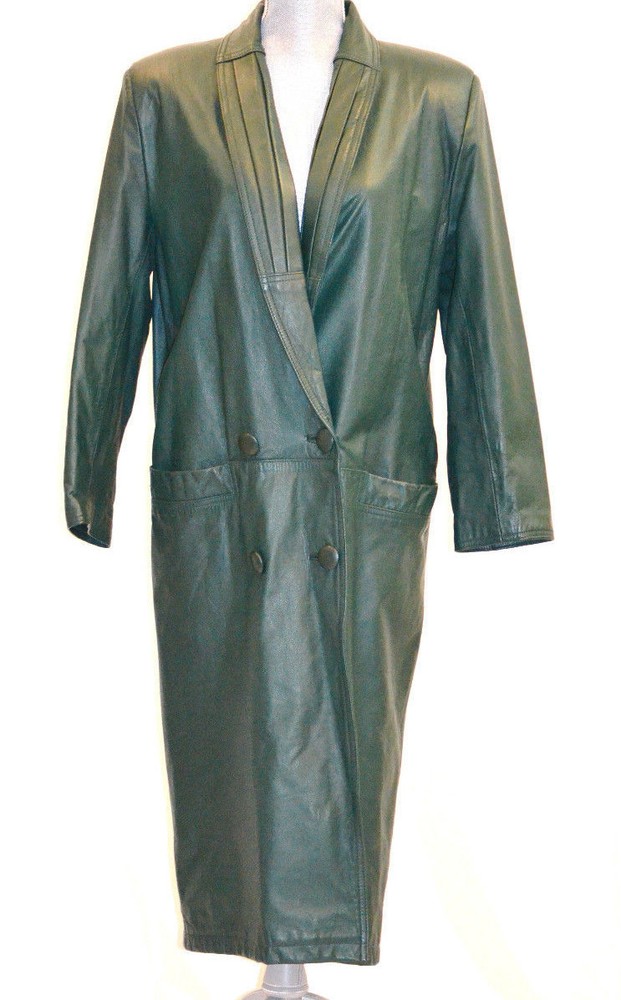 Global Identity trench G-III Long green soft Leather Coat oversize S VTG jacket