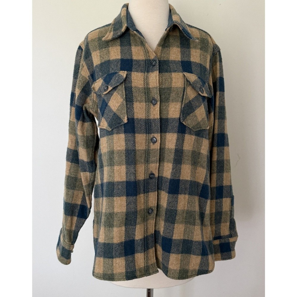 Woolrich VTG 1970s Tan Blue Plaid Wool Flannel Cabincore Button Shacket Shirt 18