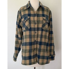 Woolrich VTG 1970s Tan Blue Plaid Wool Flannel Cabincore Button Shacket Shirt 18