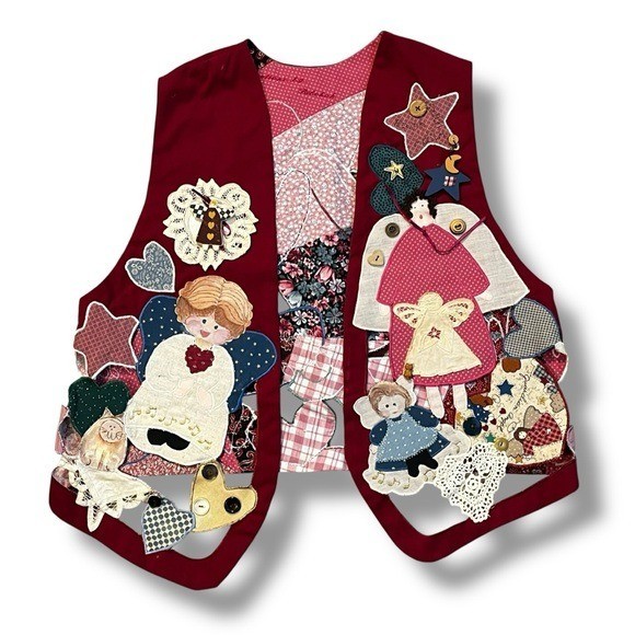 Handmade Angel Vest Patchwork Applique Embroidery Hearts Cottagecore 80s Teacher