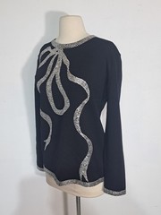 Vintage 1980s Black Wool Sweater Silver Sequin Bow Adrienne Vittadini Sz S