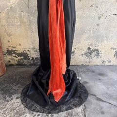 Vintage 1930s Black Silk Satin Dress Orange Silk Velvet Bow Wrap Lace Trim Bias