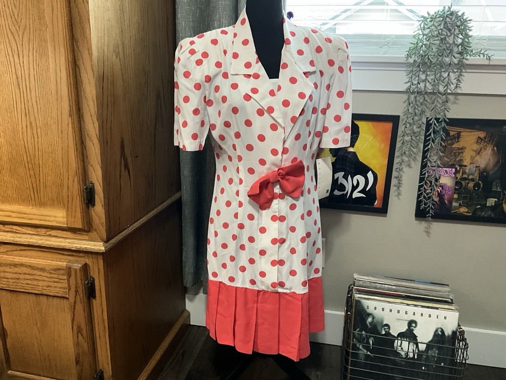 ILGWU Coral Polka Dot Drop Waist JCP Vintage Dress 1980s NOS NWT 9/10