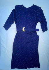 VTG 60S 70S WOMENS BLUE POLKA DOT BUTTON BELTED PARTY FUN CUTE RAYON DRESS