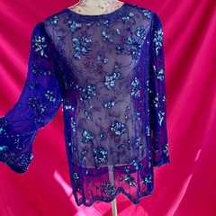 Sequin Beaded Sheer Purple Tunic Top XL Vintage Y2K Lillie Rubin Glam Party