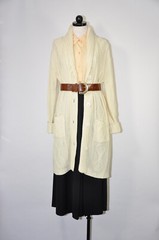 70s Cream Fisherman Cable Knit Shawl Duster Long Cardigan Sweater Coat Women M L