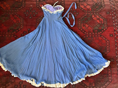 VTG 50s 60’s Turquoise Raise Polka Dots Embroidery Ruffle Full Sweep Gown Prom S