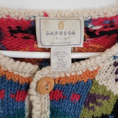 Express Tricot Vintage Hand Knitted 100% Wool Multicolor Patchwork Cardigan M/L
