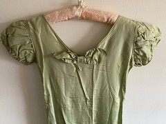 Vintage Handmade Dress Celery Green Satin Pleats, Bow Maxi Puffed Sleeves Repair