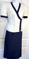 80s RAUL BLANCO Navy/White Linen Suit Set Top Skirt Nautical Old Money Size 4/6