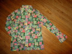 women vtg 70s Stretch Nylon DISCO SHIRT Button Front Blouse Pop Art Floral 36 in