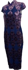 Vintage Bespoke Chinese Cheongsam Blue / Purple Burnout Velvet Qipao Dress S