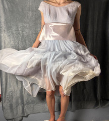 VTG 1950s Pale Blue Pleated Chiffon Satin Dress Tulle Petticoat McDonalds XS – S