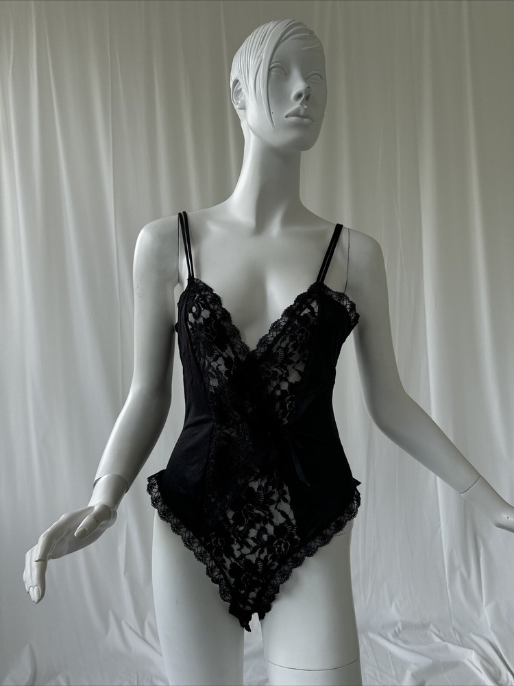 Vintage Midnight Hour Black Satin Lace Nylon Bodysuit~Medium