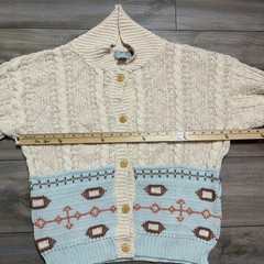 Vintage 80s Cardigan Sweater Women Cream Color Pattern Wood Buttons Pockets