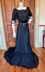 Antique 2-Pc. Black Silk, Lace Trained Mourning Dress Velvet Trim & MOP Sequins