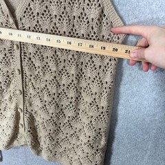 Vintage Crochet Cardigan Sweater Vest XL Tan Cottage Open Knit Granny Neutral