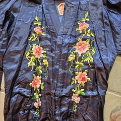 Vtg 60s Silk Navy Blue w Pink/Red ROSES Womens Asian Kimono Robe Golden Bee NWT