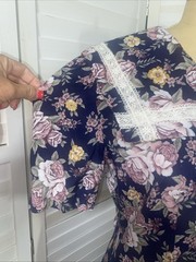 Vtg 80s Betsys Things Modest Cottagecore Navy Floral Rayon & Lace Midi Dress LRG