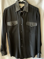 Vintage CEDARS Women’s S Black 100% Silk Satin Blouse & Leather Trim, EUC