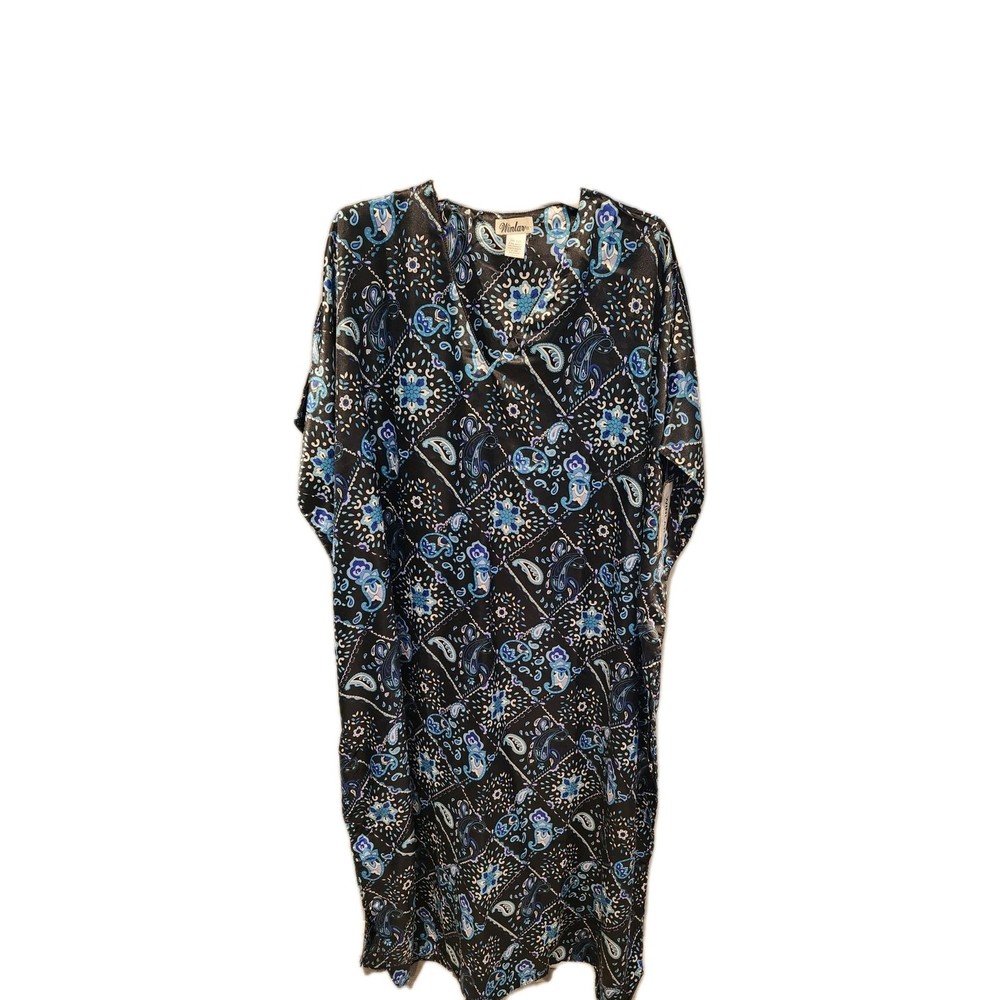 Vintage Winlar Kaftan Caftan Black Blue Teal Print Silky Lounge Dress Mumu NWT