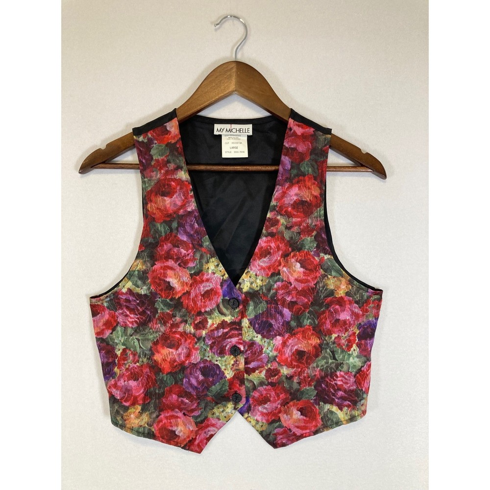 Vintage 90s My Michelle Womens LG Red Floral Tapestry Button Front Tie Back Vest