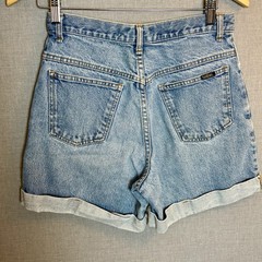 Vintage 90s Y2K Denim Shorts Boho Coastal Zigzag Button Fly Rolled Cuffs Sz L