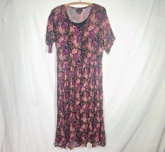 Vtg 90s Black Rose Floral Dress Nostalgia L Rayon Crinkle Crepe Goth Craft Boho