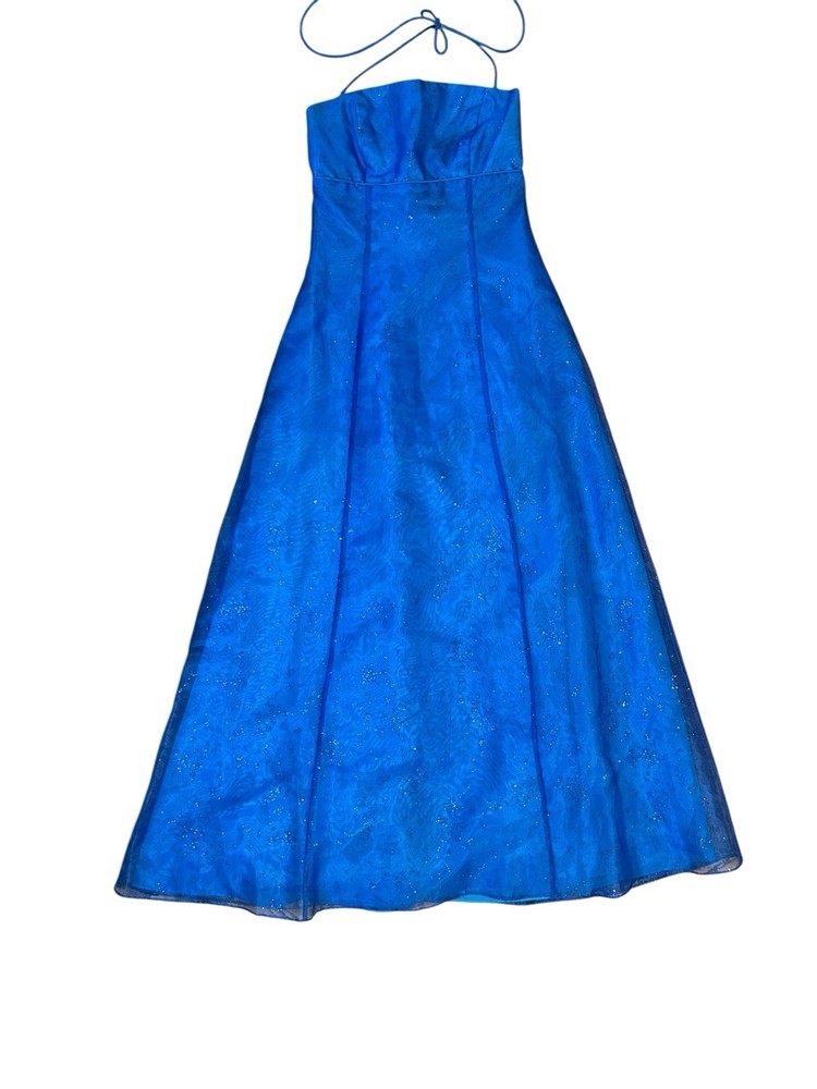 Vintage Blue Halter Sparkle Evening Gown Morgan & Company Size 5/6 Y2K
