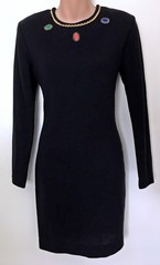 Vintage 80s LBD Black Dress 7/8 Low V Back Jewel Tone Embroidery L/S Knit