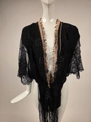 EDWARDIAN HAND MADE CLUNY LACE JACKET W LAME KNOT EDGING + BELL SLEEVES + TAILS