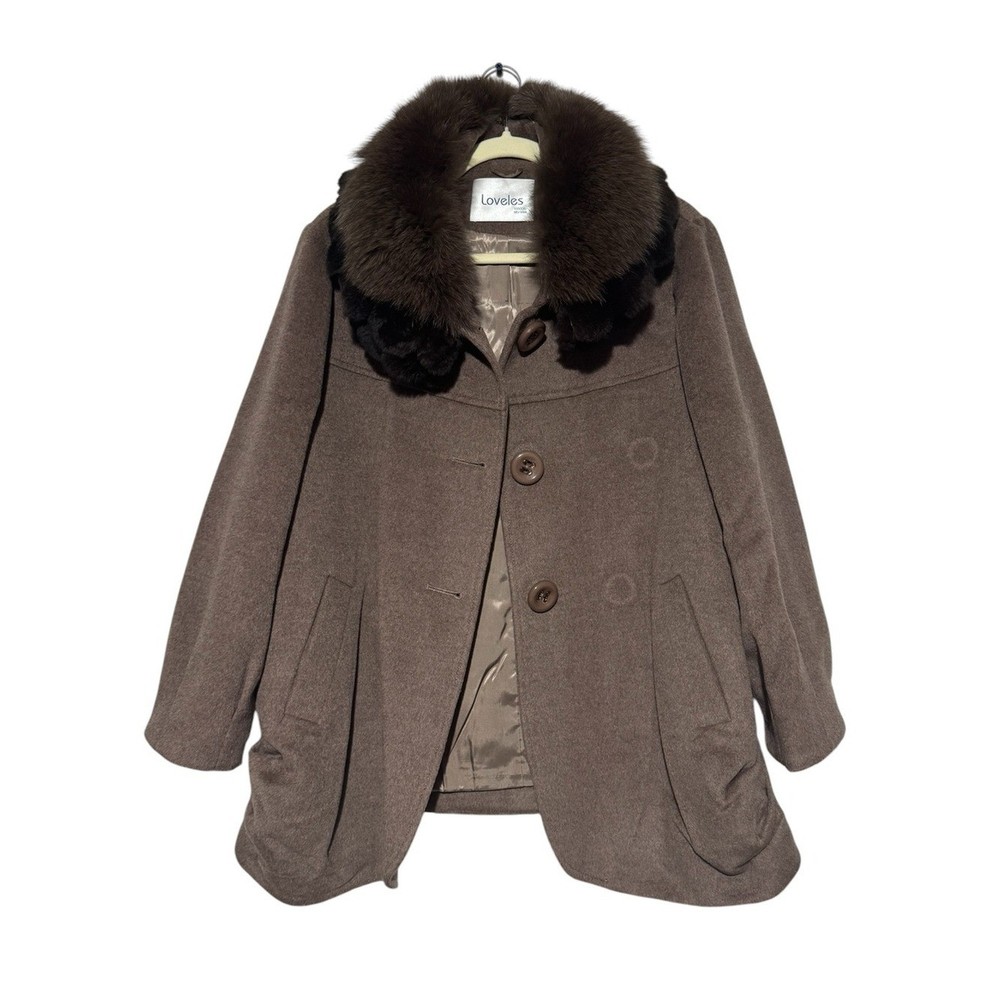 Loveles Fox Rabbit Fur Wool Cashmere Coat Women Size Large Brown Old Money