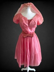 Vintage 1950’s Pink Satin Tulle Velvet Formal Prom Dress With Veil Belt XS
