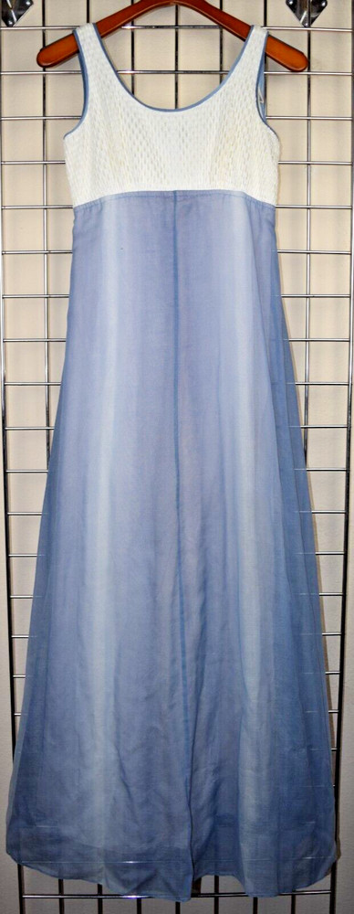 Vintage Dress Size S 60s Blue Layered Ombre Empire Waist Ivory Net Lace Bodice