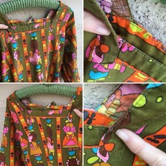Vintage Top Ties In Back One Front Pocket Girls & Flowers Print 60s 70s Smock