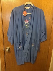 Vintage NOS Golden Bee Blue Kimono Style Robe Embroidered Butterfly Floral Large
