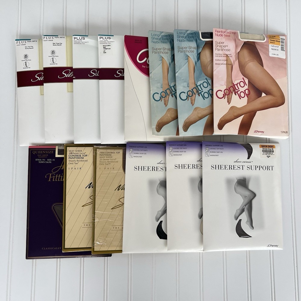 Lot of 14 Vintage Hanes Nylon Pantyhose Size Queen Plus Tall Short Black Tan