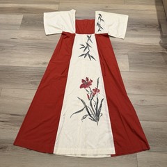 Vtg 60’s Floral Kaftan Pake Muu Kimono Dress Red Cream Bamboo Maruki Signed