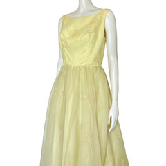 Vintage 50s Pastel Yellow Prom Dress Ball Gown XS Formal Cupcake Flaws 24″ Waist