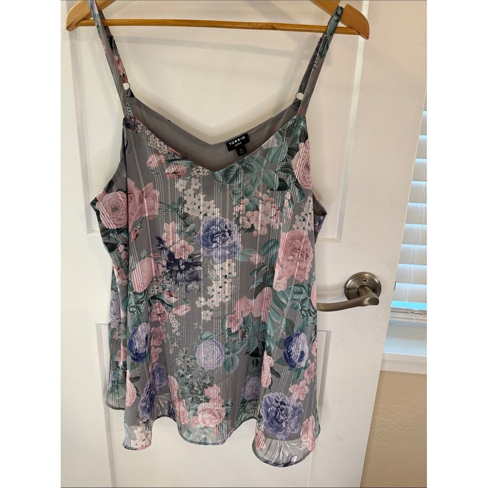 torrid Gray Floral Spaghetti-Strap Cami with Pink and Lavender Flowers