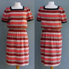 Vtg 80s Secretary Dress Red Black Stripe Square Neckline Silky Blouson M 12